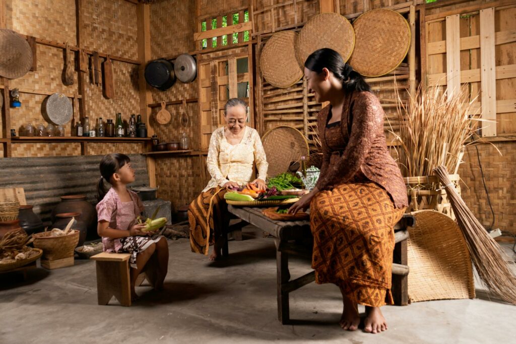 traditional family gathering in rustic kitchen